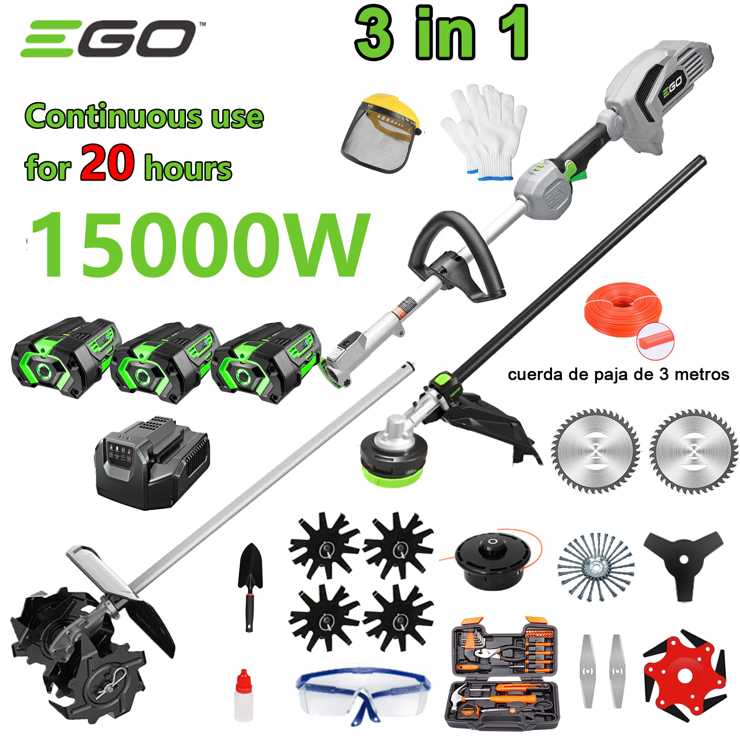 Cultivator 3in1 power 15000W (trimming, tree cutting, plowing, etc.) 3 batteries 96V + fast charging + tiller knife + cutting head + 3m cutting rope + alloy saw blade + 3 knives + 6 knives + straight knife + brush head for weeding + complete set of accessories